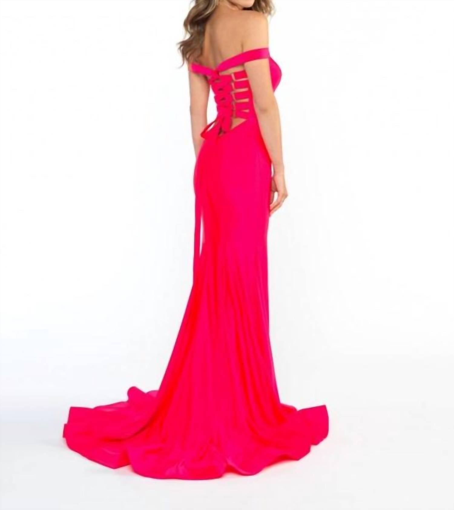 Madison James - Off The Shoulder Lace Prom Dress - clothing - dresses - pink