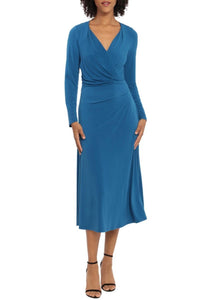 Maggy London - Faux Wrap Long Sleeve Midi Dress - blue - clothing - dresses