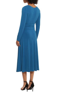 Maggy London - Faux Wrap Long Sleeve Midi Dress - blue - clothing - dresses