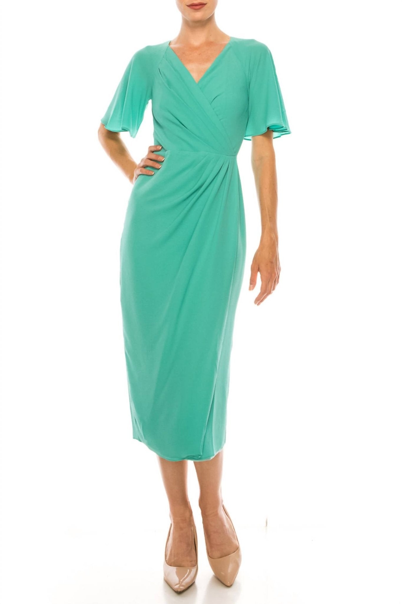 Maggy London - Short Sleeve Wrap Midi Dress - clothing - dresses - green
