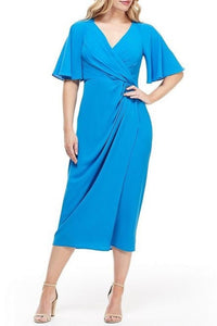 Maggy London - Short Sleeve Wrap Midi Dress - blue - clothing - dresses