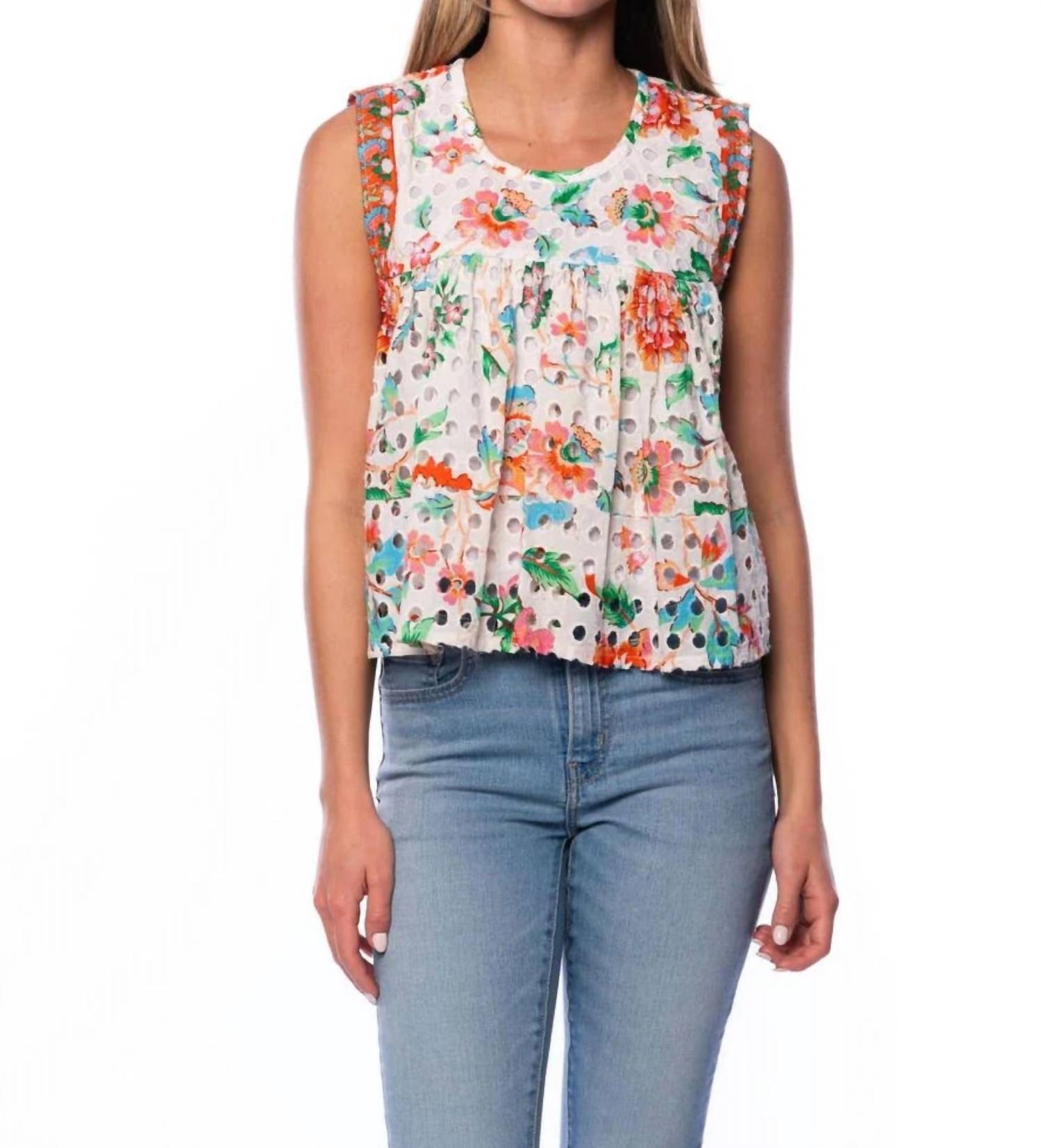 Mahila - Floral Eyelet Sleeveless Blouse - blouses - clothing - cotton