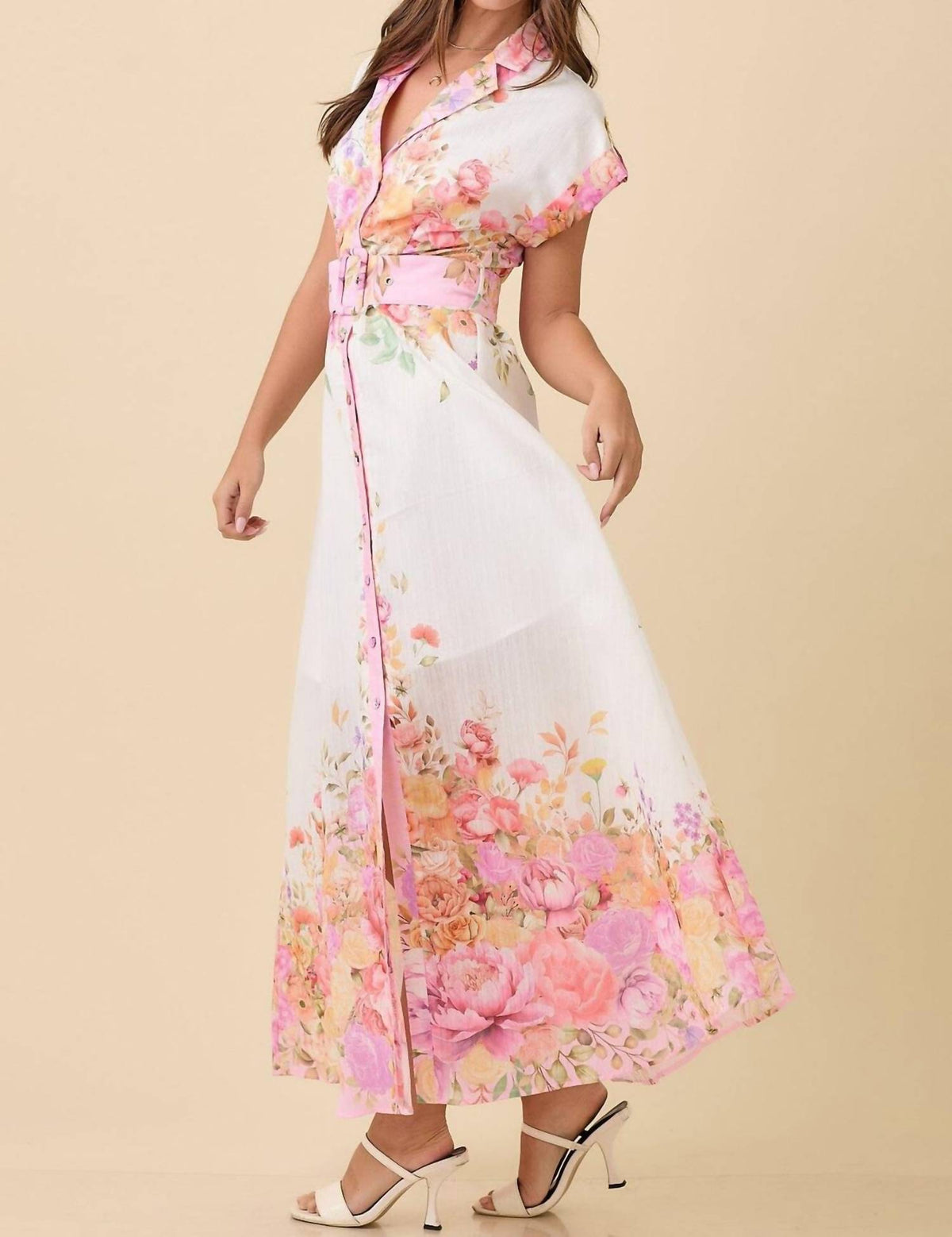 Main Strip - Floral Print Lapel Collar Button Down Maxi Dress