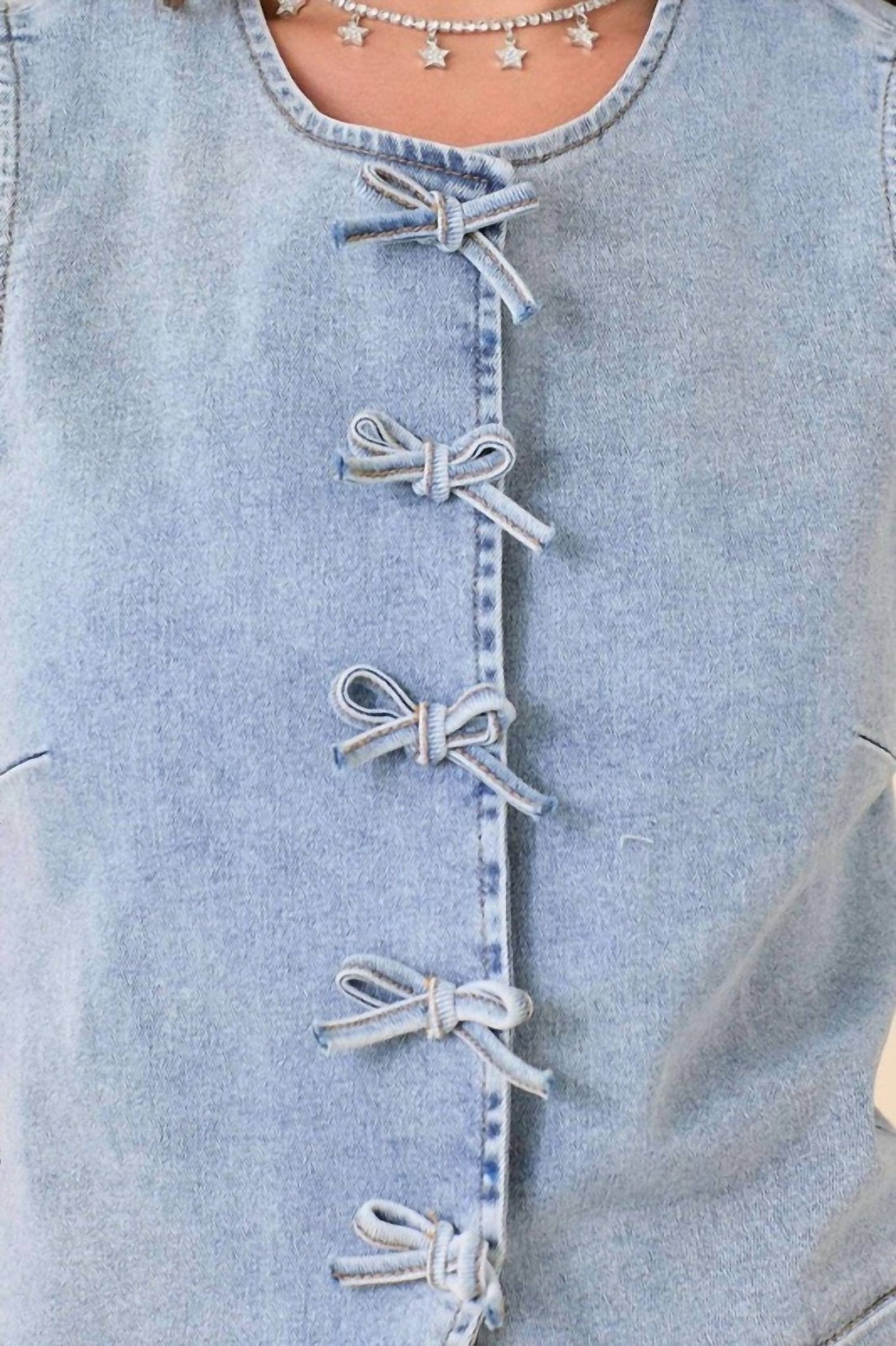 Main Strip - Women's Bow Denim Vest - blue - clothing - cotton