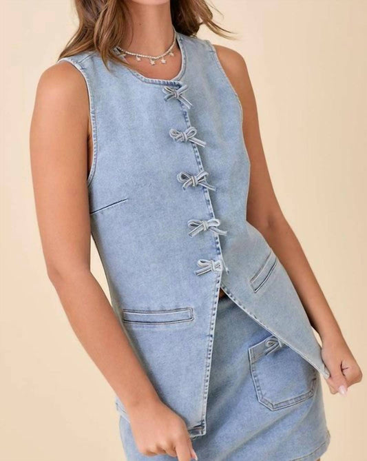 Main Strip - Women's Bow Denim Vest - blue - clothing - cotton