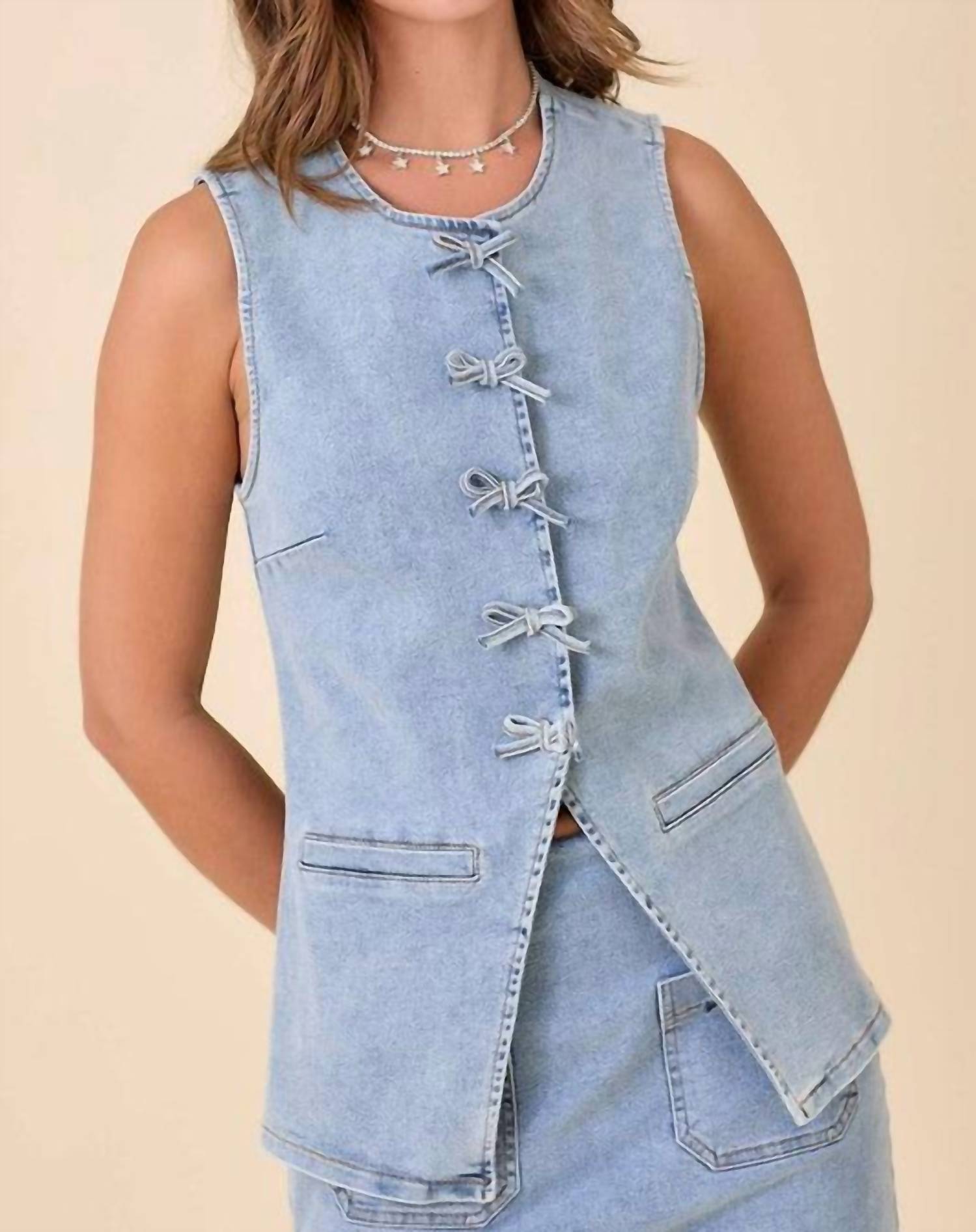 Main Strip - Women's Bow Denim Vest - blue - clothing - cotton