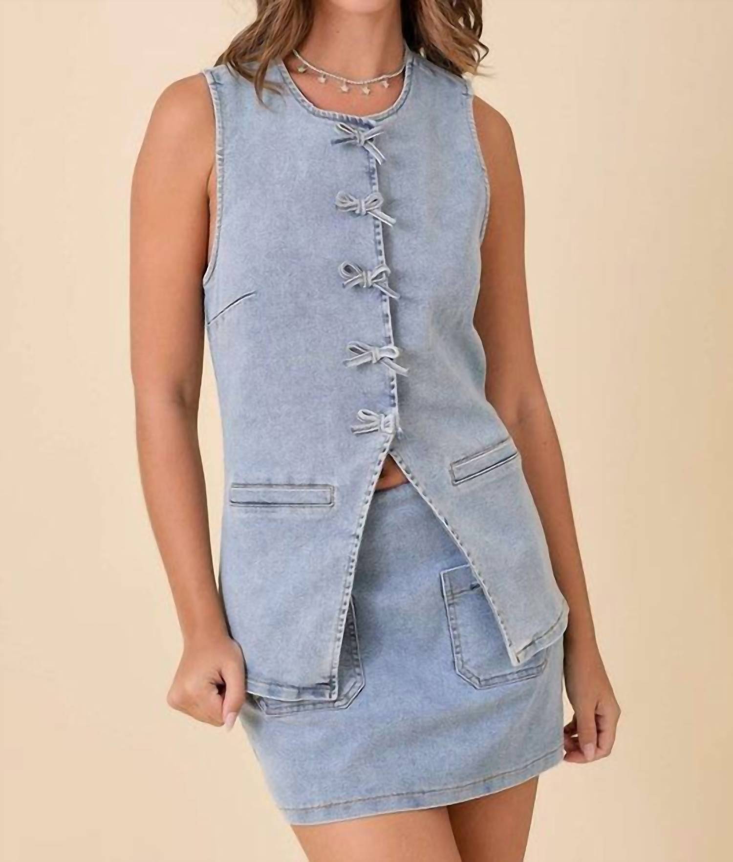 Main Strip - Women's Bow Denim Vest - blue - clothing - cotton