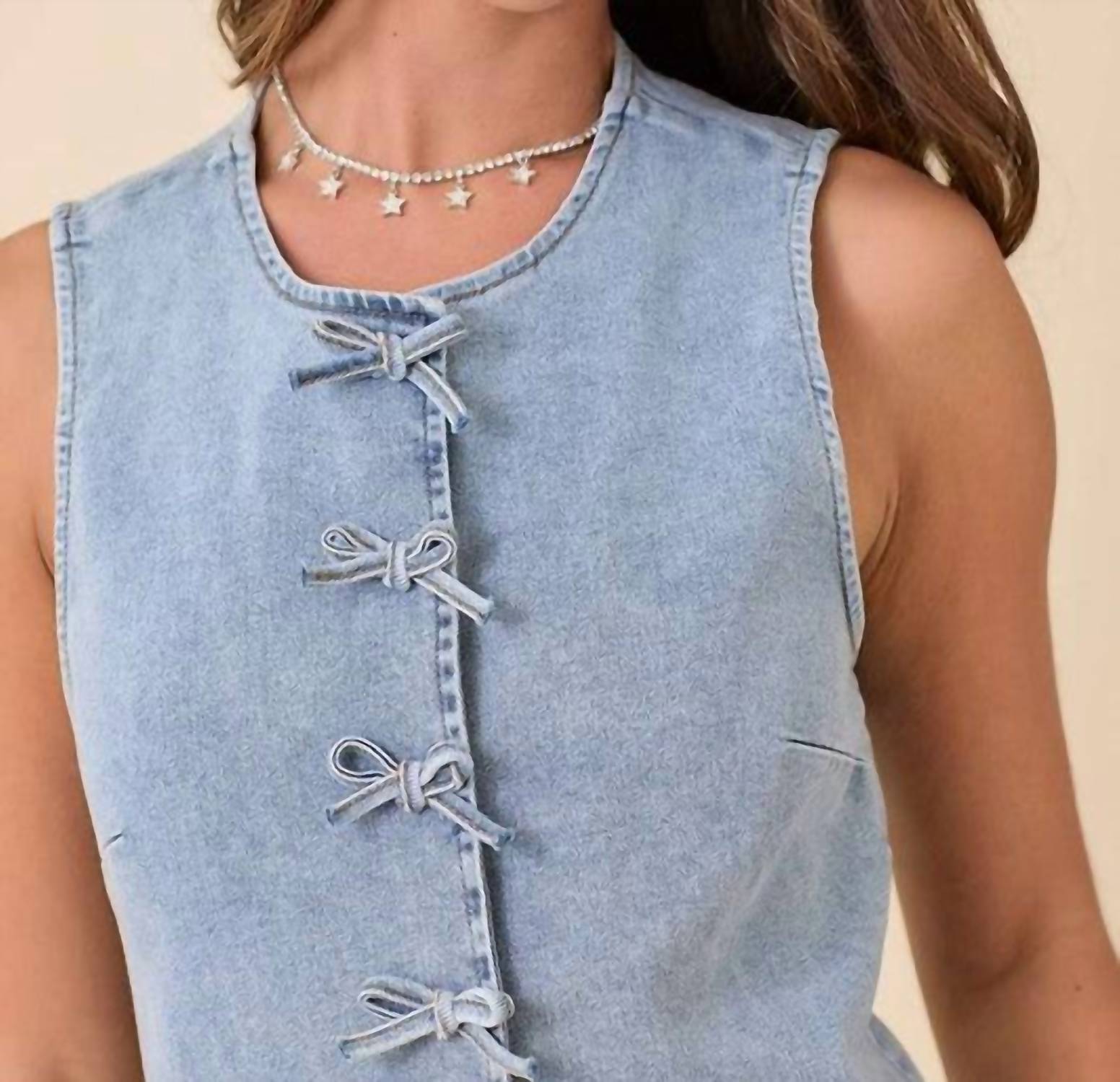 Main Strip - Women's Bow Denim Vest - blue - clothing - cotton