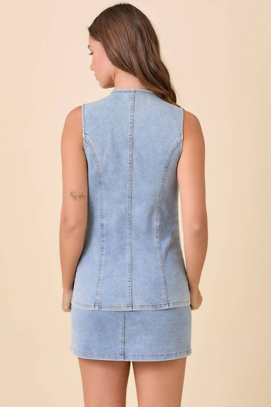 Main Strip - Women's Bow Denim Vest - blue - clothing - cotton