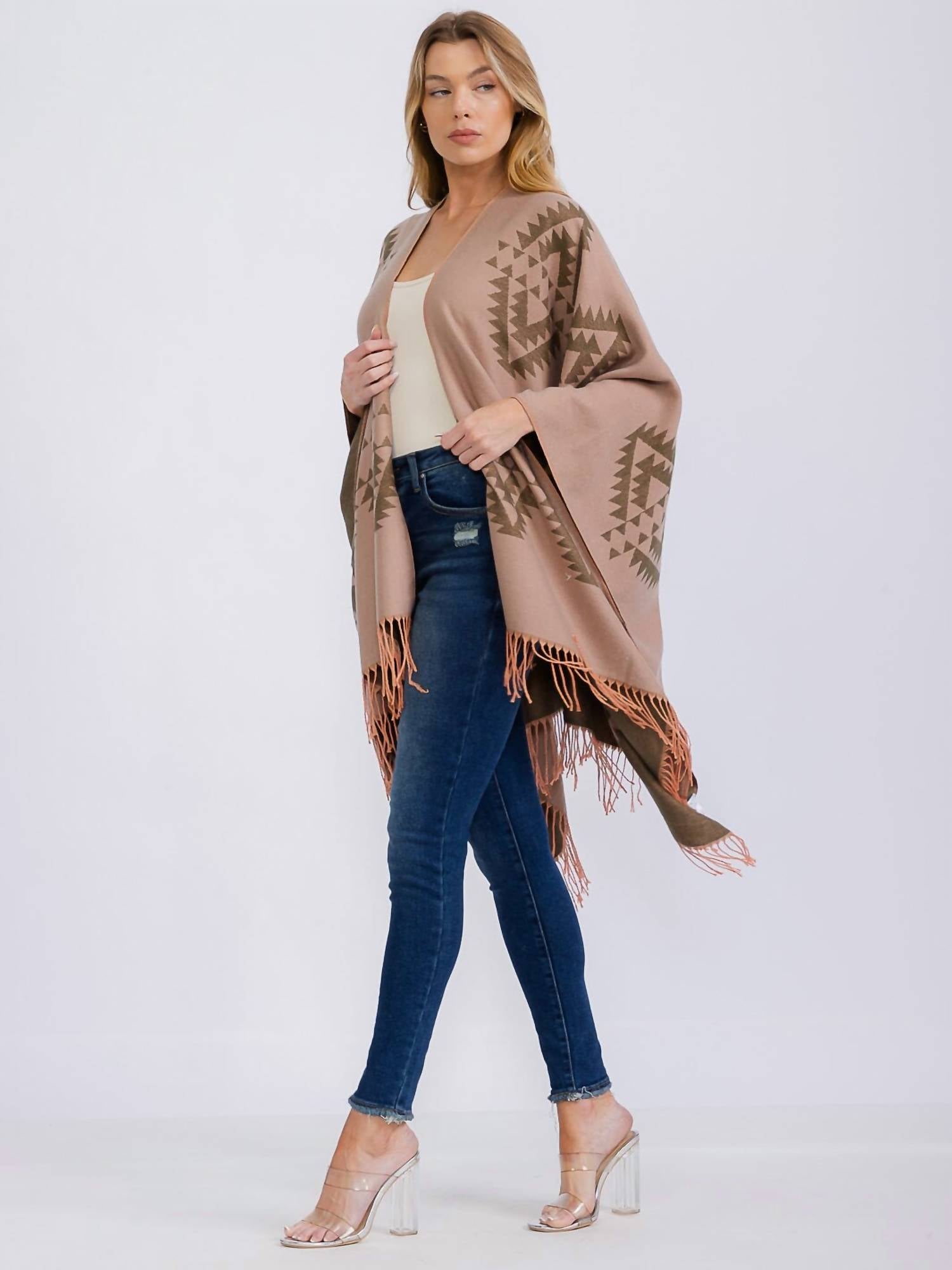 Mainstrip - Long Sleeve Reversible Poncho - acrylic - brown - clothing