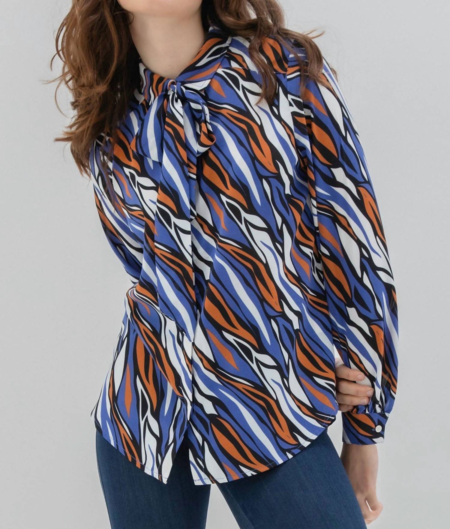 Marble - Abstract Print Tie - neck Blouse - animal - blouses - blue
