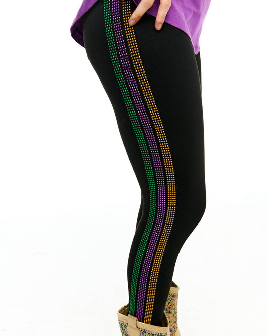 Mardi Gras Creations - Rhinestone Side Stripe Leggings - black - clothing - leggings