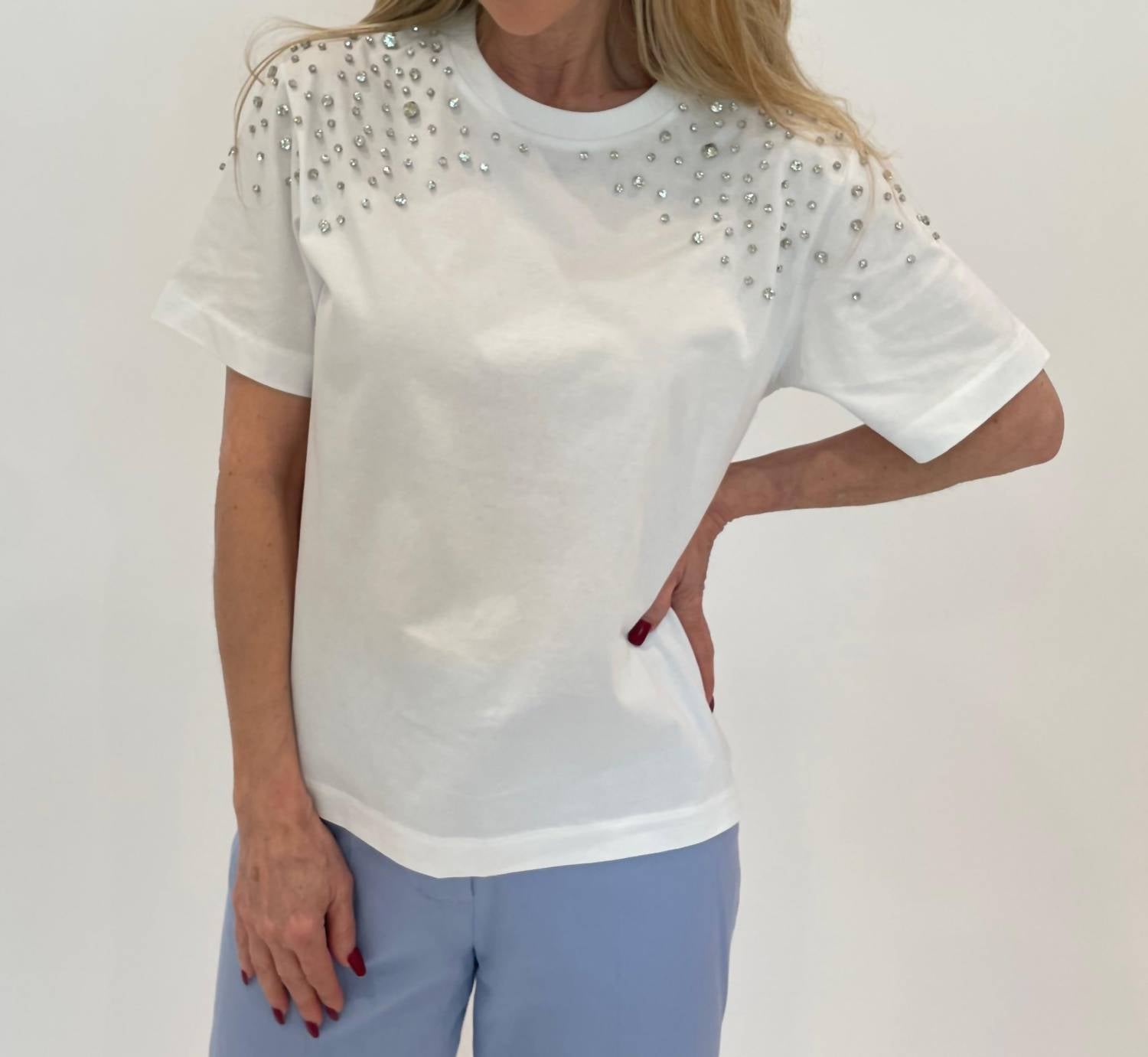 Marella - Feluca Cotton Tee With Crystals - blouses - clothing - cotton