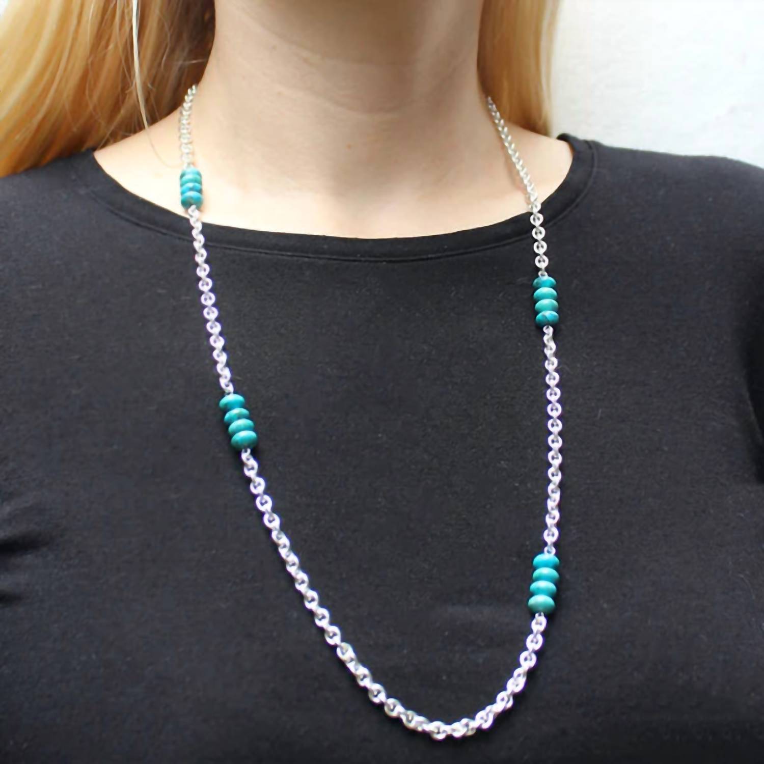 Marjorie Baer - Chain With Stacked Turquoise Beads Necklace - jewelry - necklaces - silver