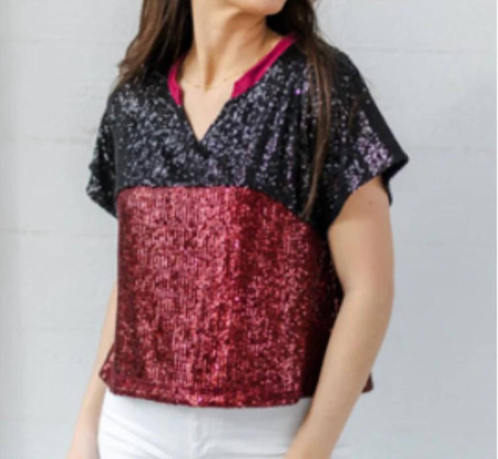 Mary Square - Diane Sequin Gameday Top - clothing - patterned - red