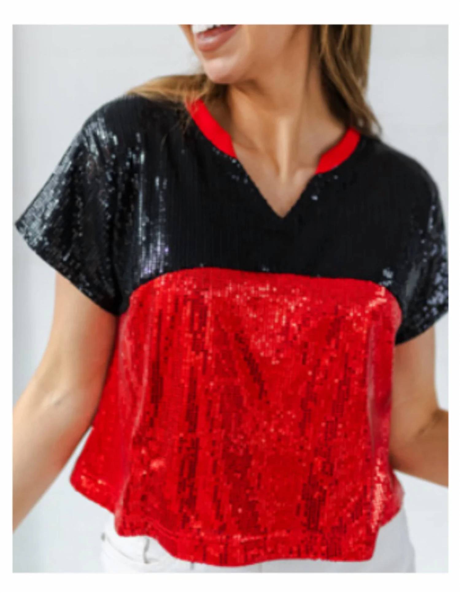 Mary Square - Diane Sequin Gameday Top - clothing - patterned - red