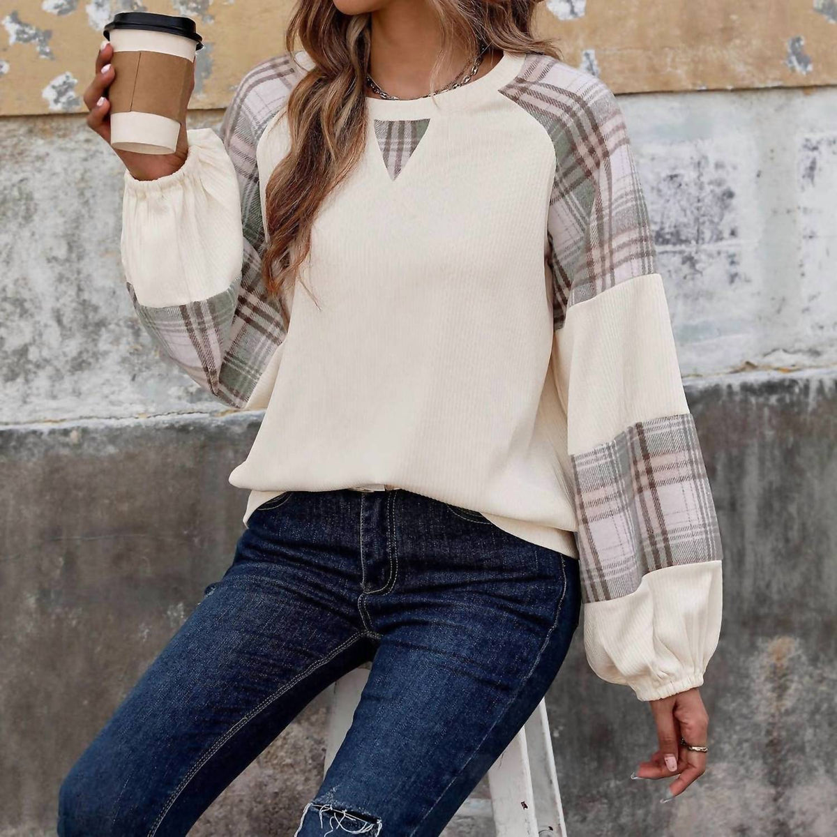 Masyal - Plaid Patchwork Sweatshirt