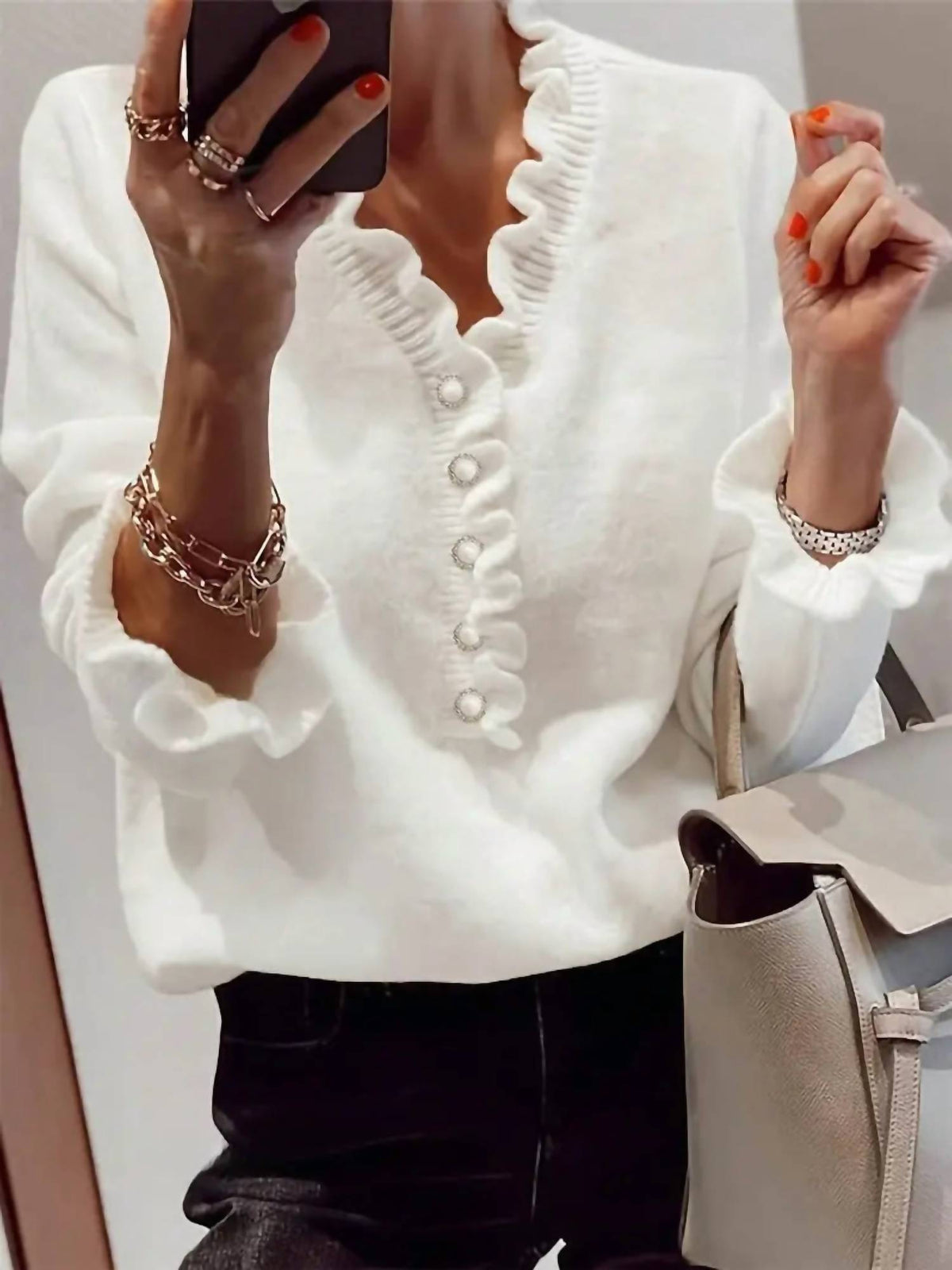 Masyal - Sherry Ruffle Collar V-neck Button Knit Sweater