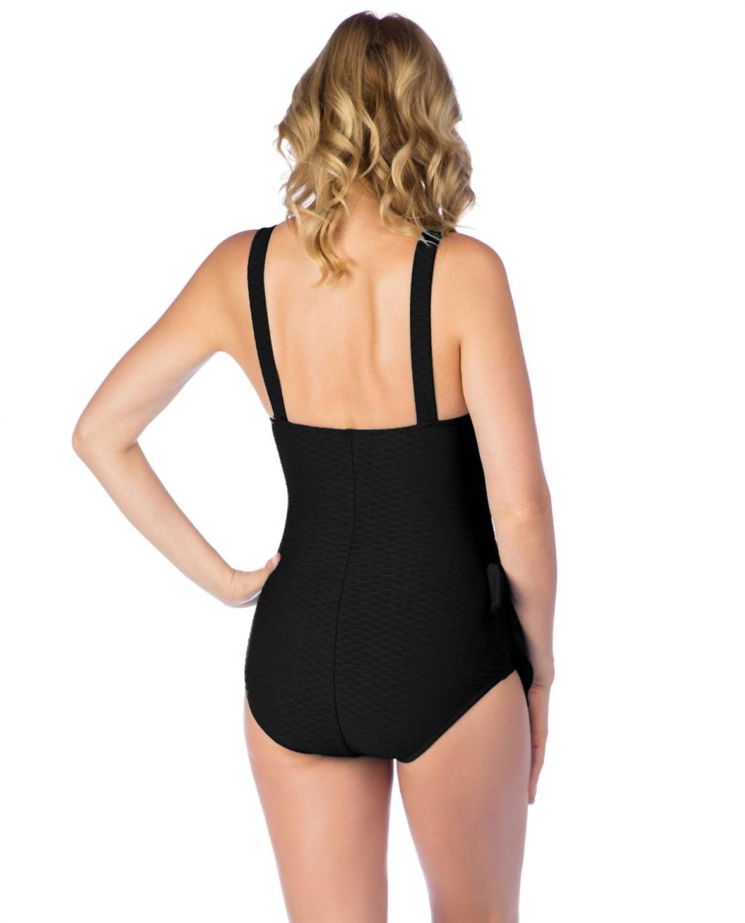Maxine Of Hollywood - Textured Spa Shirred Front Girl Leg One Piece Swimsuit - black - clothing - one - pieces