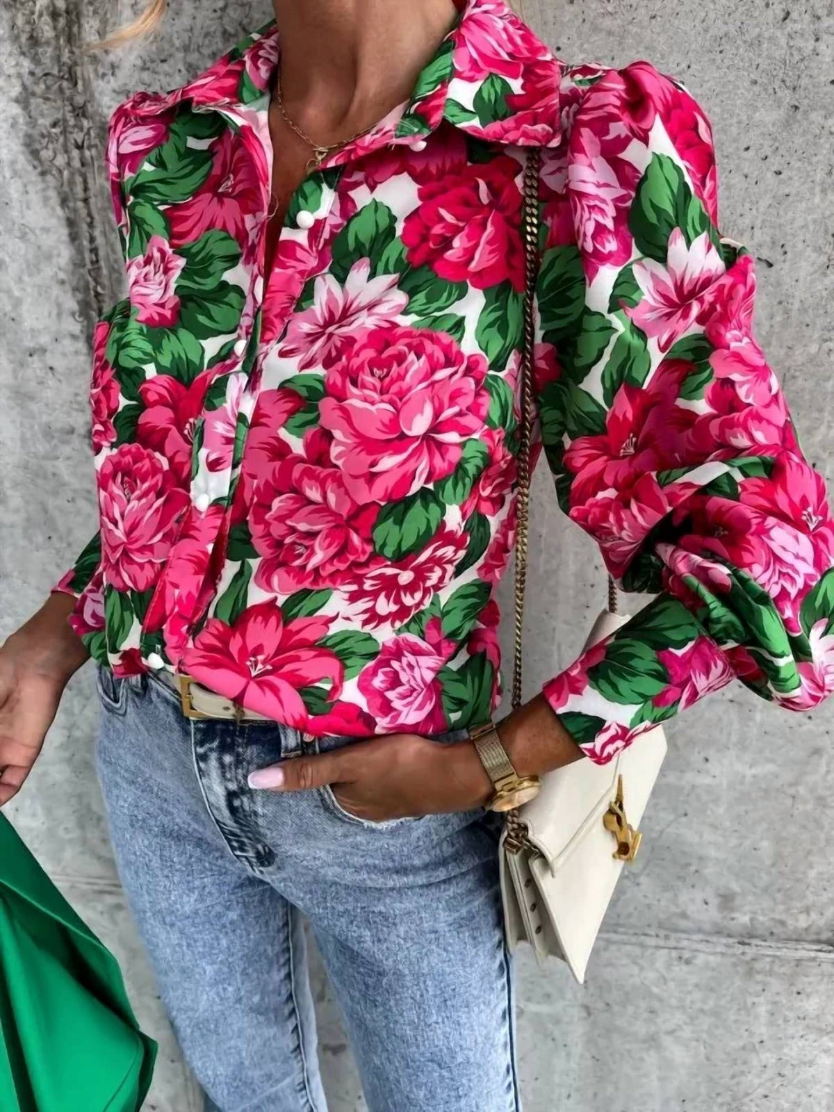 Mccolin - Long-sleeved Button Down Peonies Top