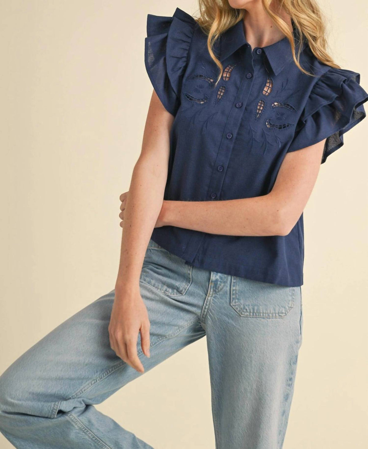 Merci - Embroidered Cut Out Button Down Top
