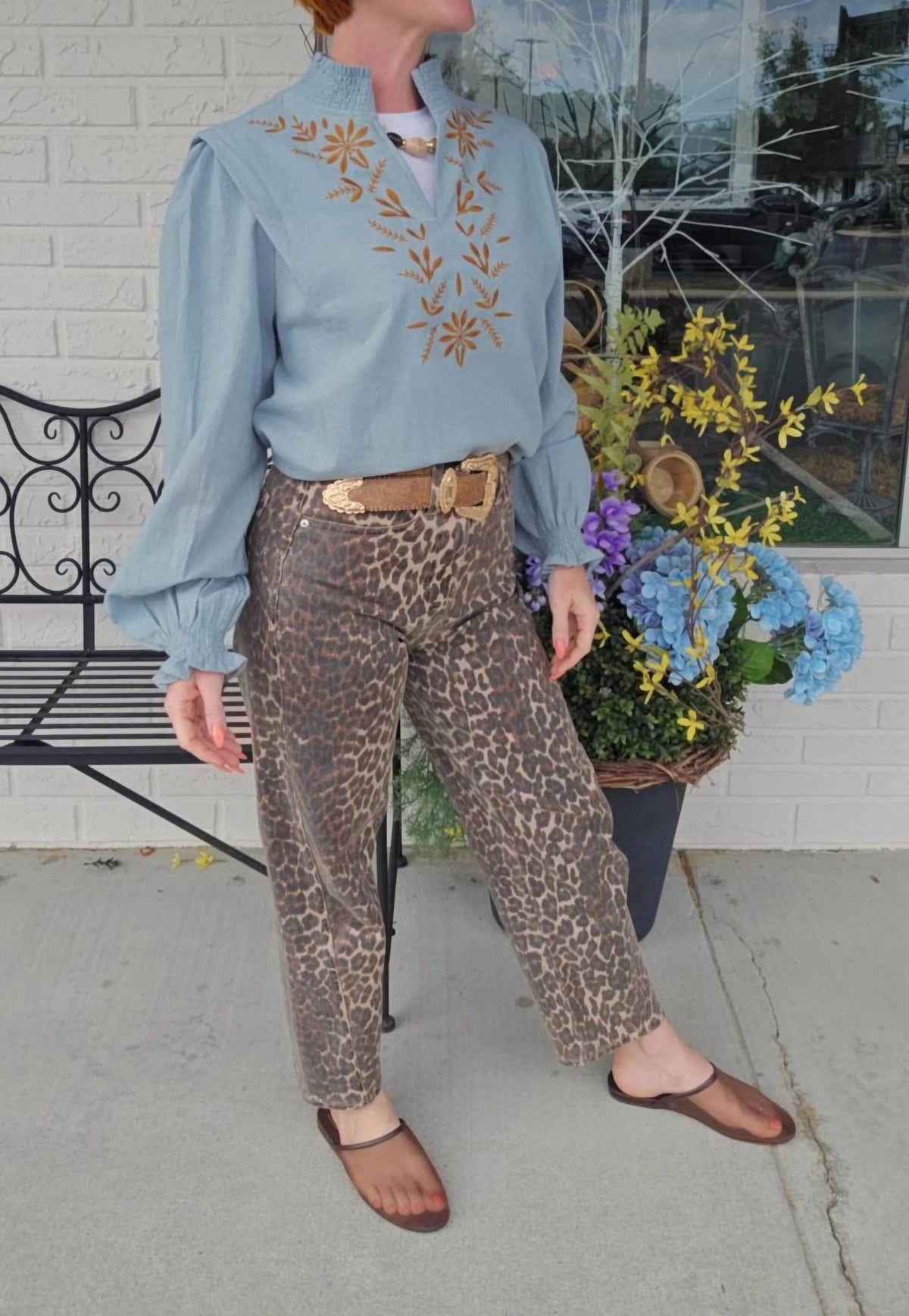 &Merci - Embroidered Smocked Mock Neck Top