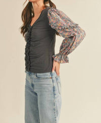 &Merci - Floral Puff Sleeve Ruched Top - Graphite Grey