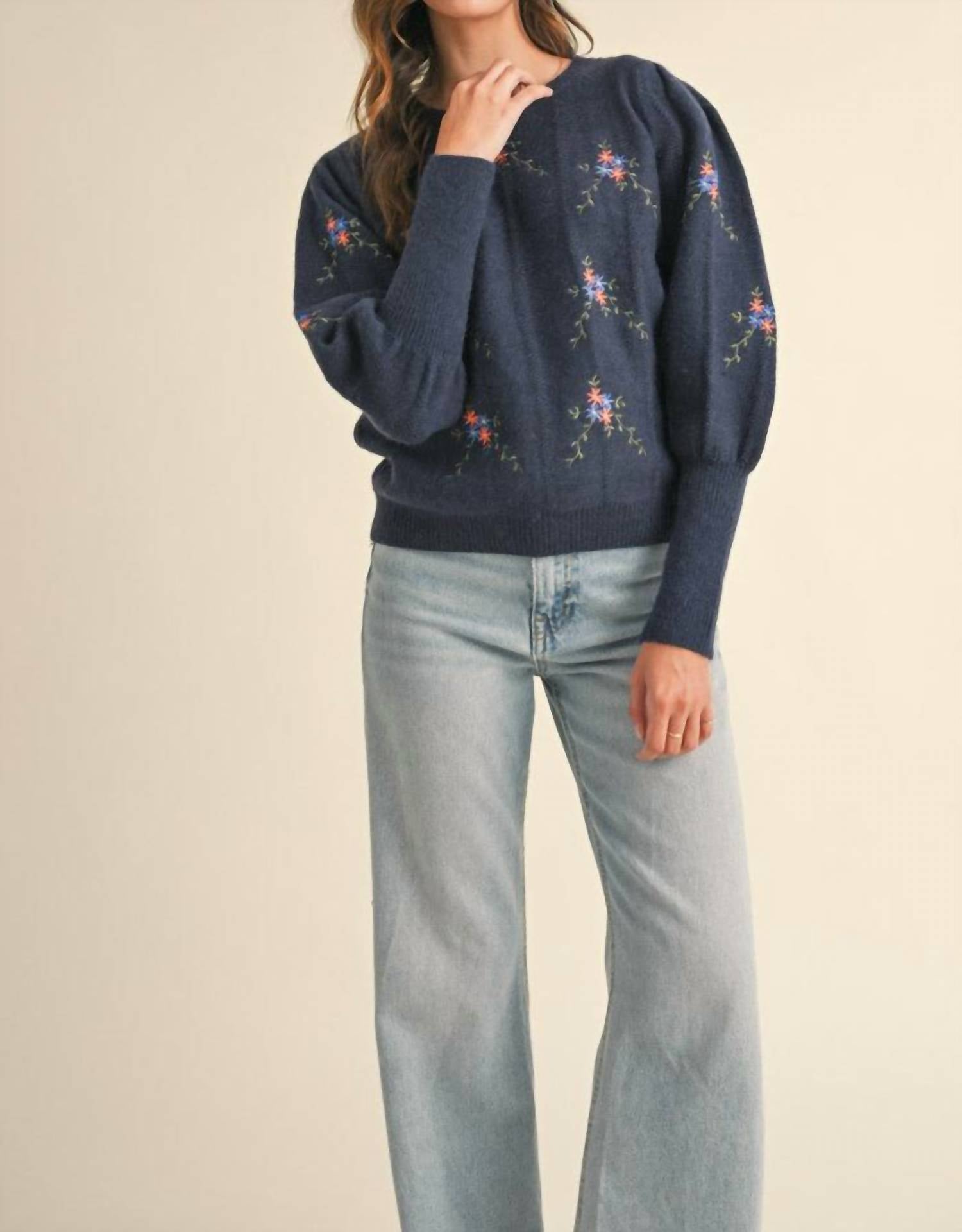 &Merci - Flower Embroidered Sweater - blue - clothing - cotton - blend