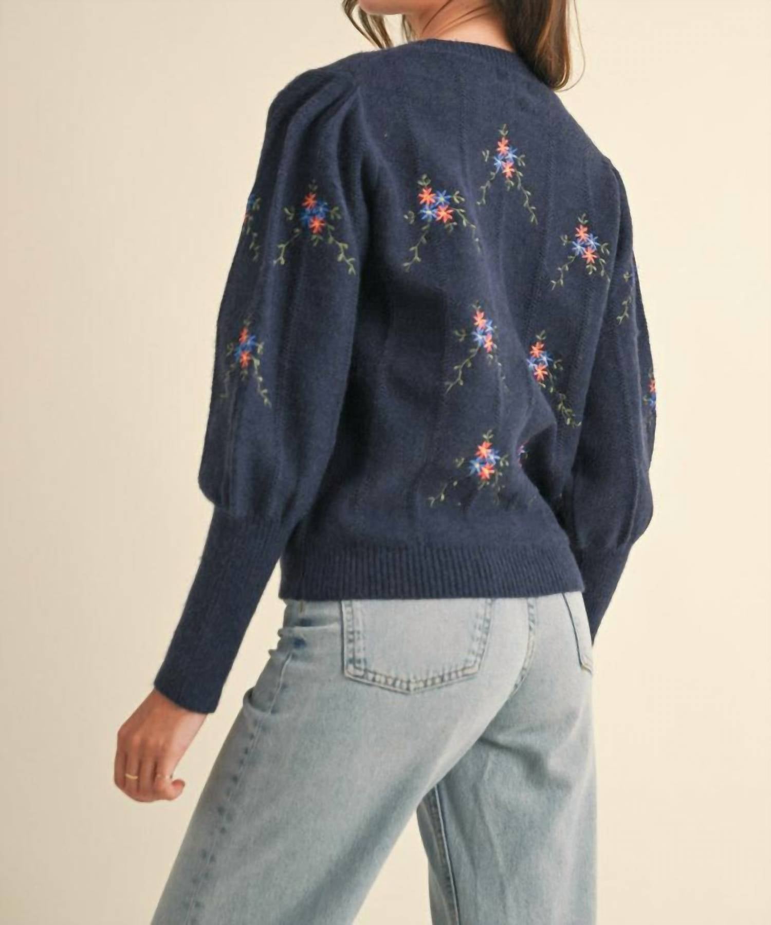 &Merci - Flower Embroidered Sweater - blue - clothing - cotton - blend