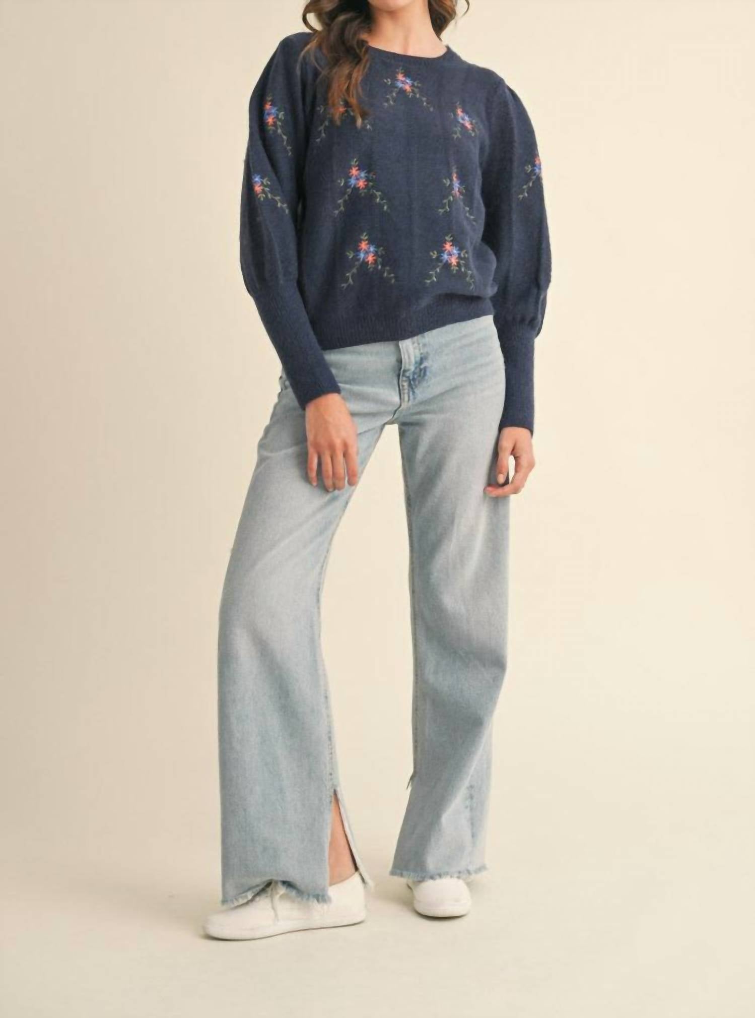 &Merci - Flower Embroidered Sweater - blue - clothing - cotton - blend