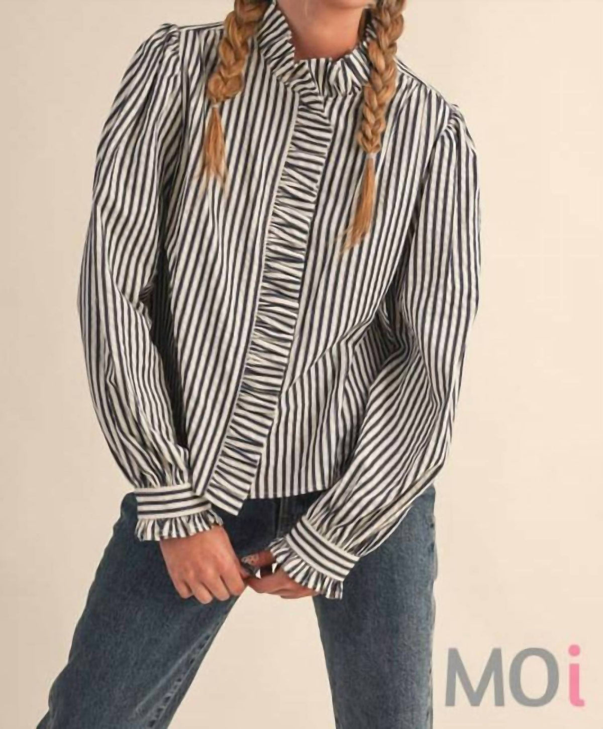 &Merci - Striped Ruffle Button Down Shirt