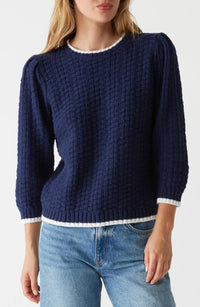 Michael Stars - Leonora Tipped Puff Sleeve Cotton Blend Sweater - blue - clothing - cotton - blend