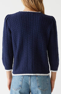 Michael Stars - Leonora Tipped Puff Sleeve Cotton Blend Sweater - blue - clothing - cotton - blend