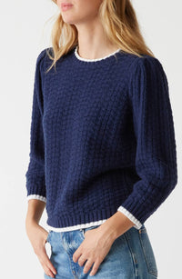 Michael Stars - Leonora Tipped Puff Sleeve Cotton Blend Sweater - blue - clothing - cotton - blend