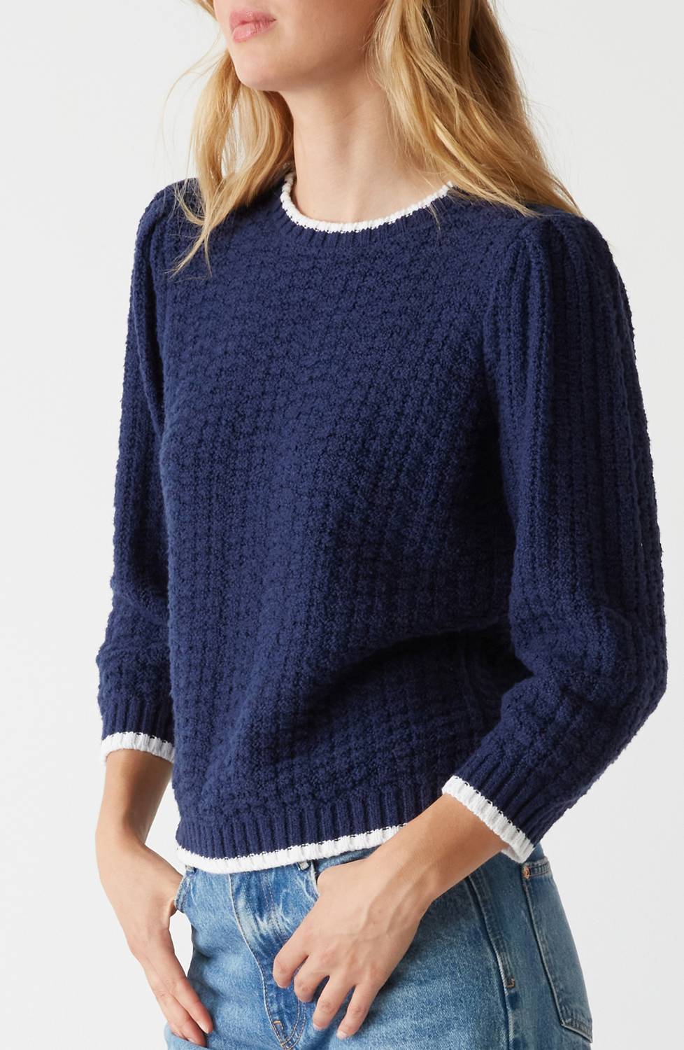 Michael Stars - Leonora Tipped Puff Sleeve Cotton Blend Sweater - blue - clothing - cotton - blend