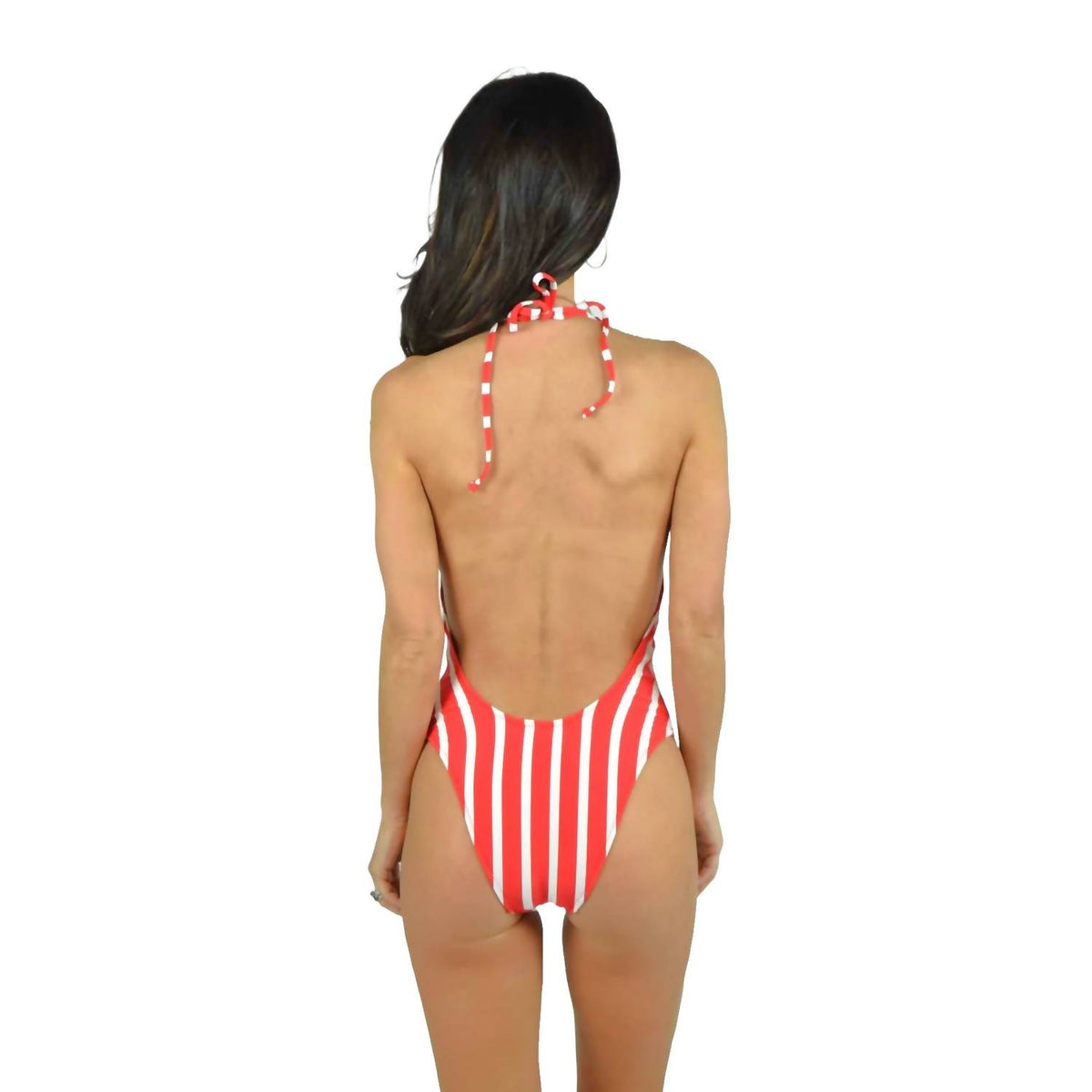 Milly - Stripe Laced Front Halter One Piece Swimsuit