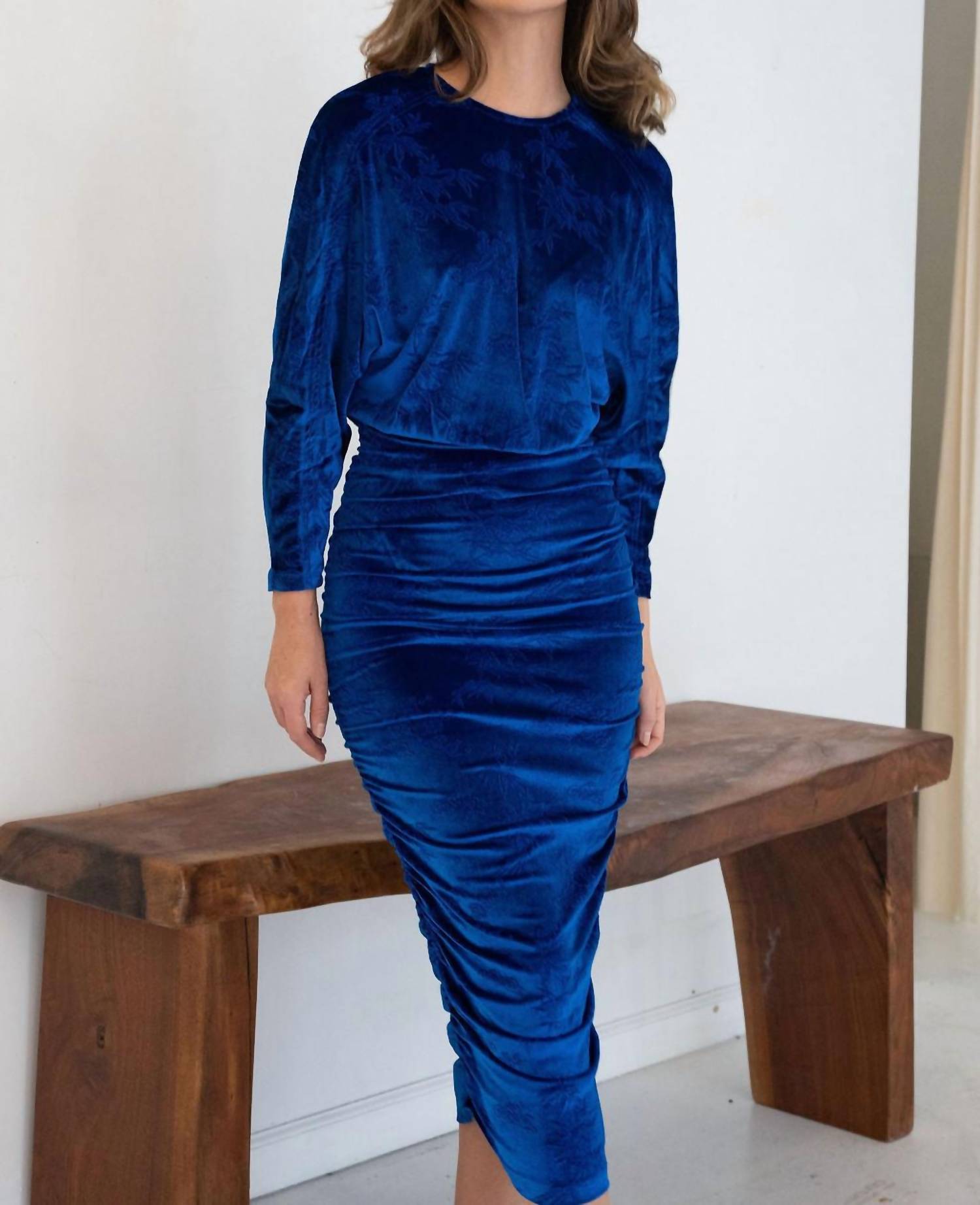 Mima Rosso - Embroidery Print Velvet Ruched Dress - blue - clothing - directbrandpartner
