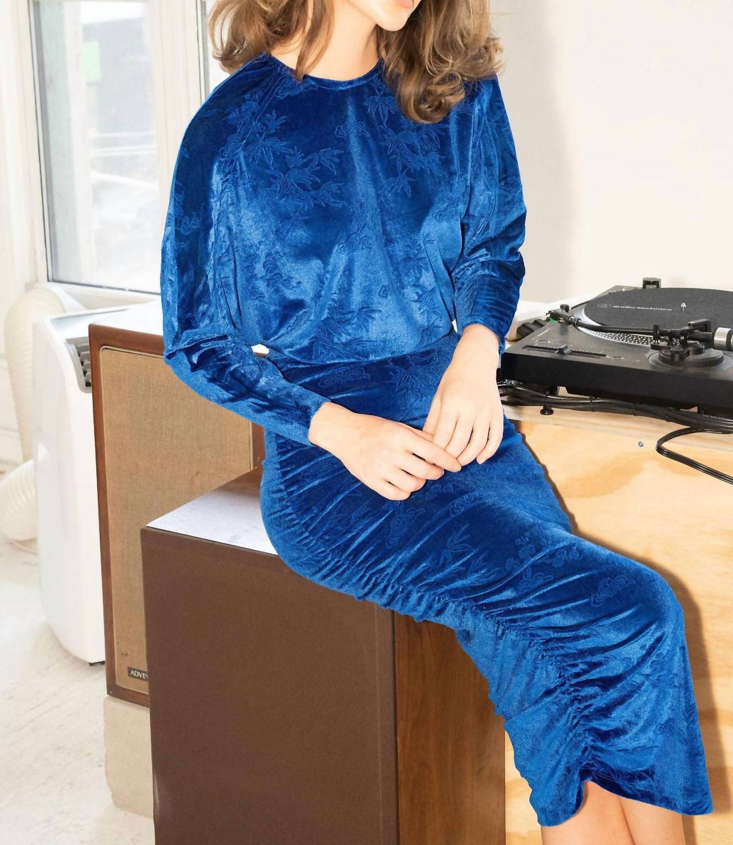 Mima Rosso - Embroidery Print Velvet Ruched Dress - blue - clothing - directbrandpartner