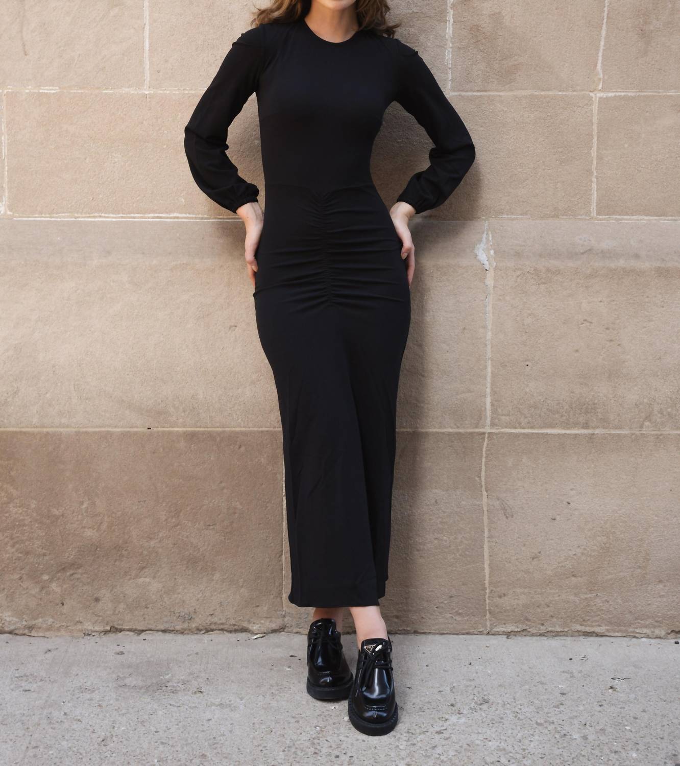 Mima Rosso - Puffed Sleeve Ruched Front Midi Dress - black - clothing - directbrandpartner