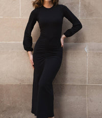 Mima Rosso - Puffed Sleeve Ruched Front Midi Dress - black - clothing - directbrandpartner