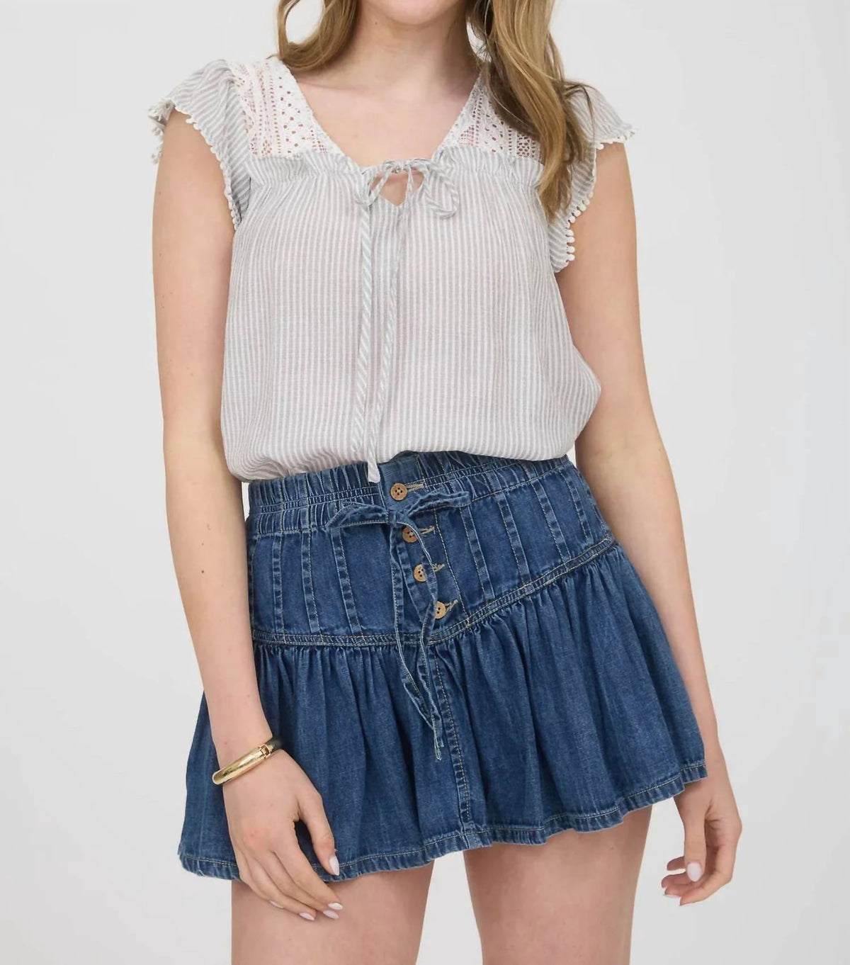 Mine - Stripe Lace Front Tie Top
