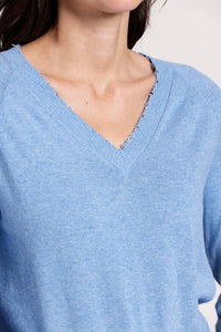 Minnie Rose - Cotton Cashmere Frayed Edge V Neck Sweater - blue - clothing - cotton - blend