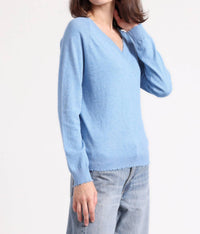 Minnie Rose - Cotton Cashmere Frayed Edge V Neck Sweater - blue - clothing - cotton - blend