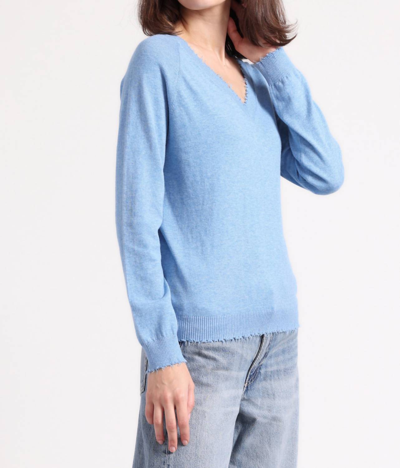 Minnie Rose - Cotton Cashmere Frayed Edge V Neck Sweater - blue - clothing - cotton - blend
