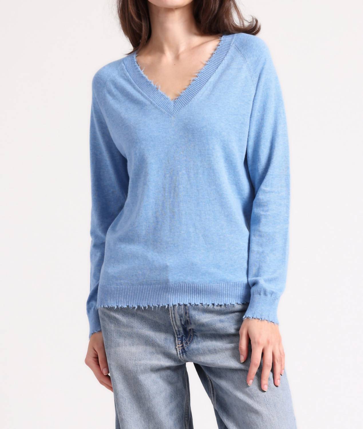 Minnie Rose - Cotton Cashmere Frayed Edge V Neck Sweater - blue - clothing - cotton - blend