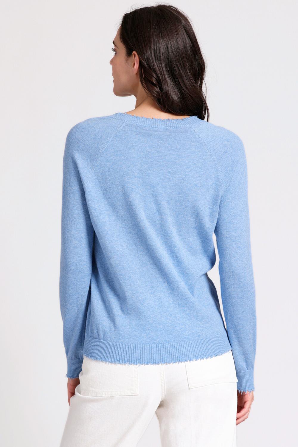 Minnie Rose - Cotton Cashmere Frayed Edge V Neck Sweater - blue - clothing - cotton - blend