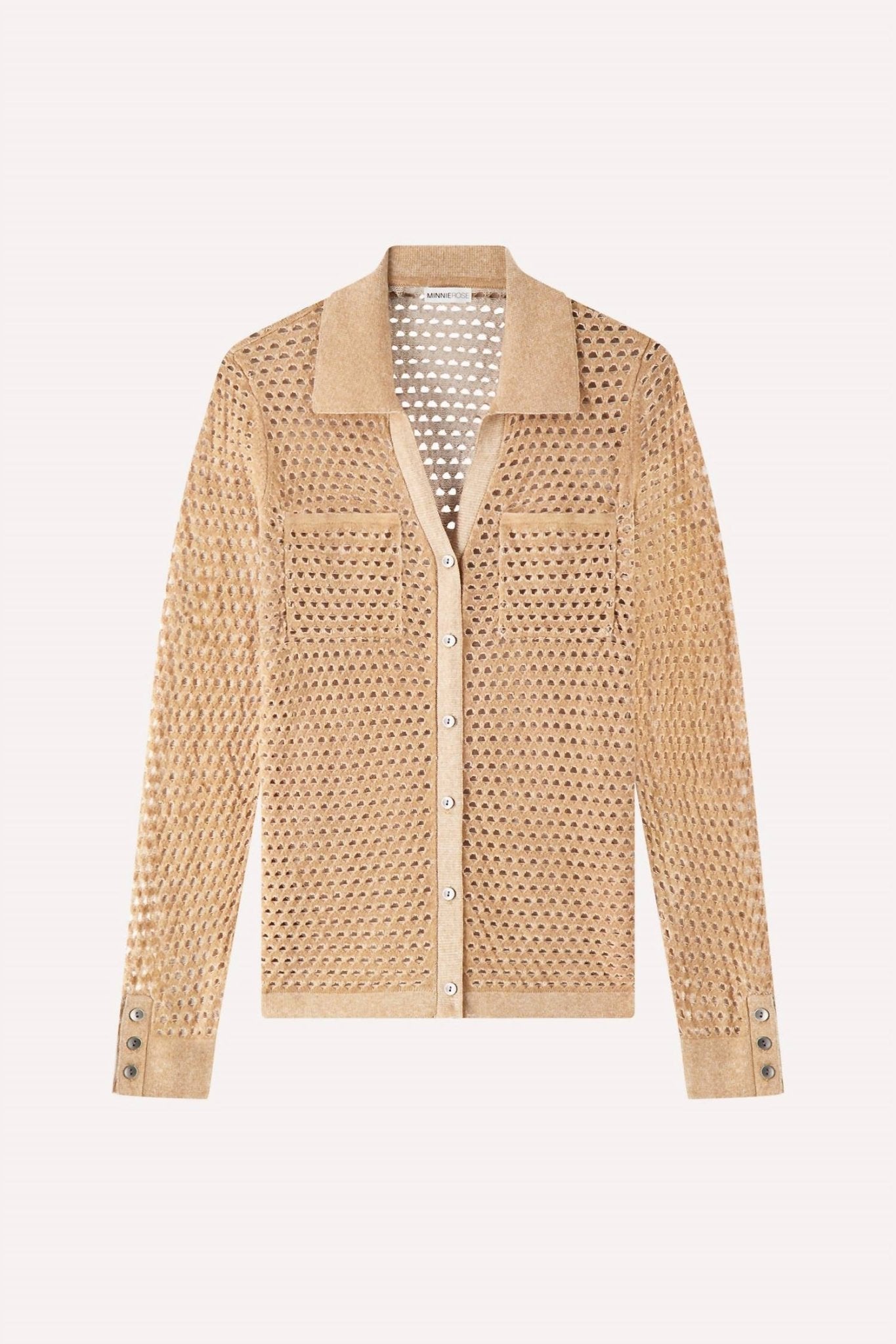 Minnie Rose - Cotton Cashmere Plaited Mesh Button Down Shirt - brown - button - down - shirts - clothing