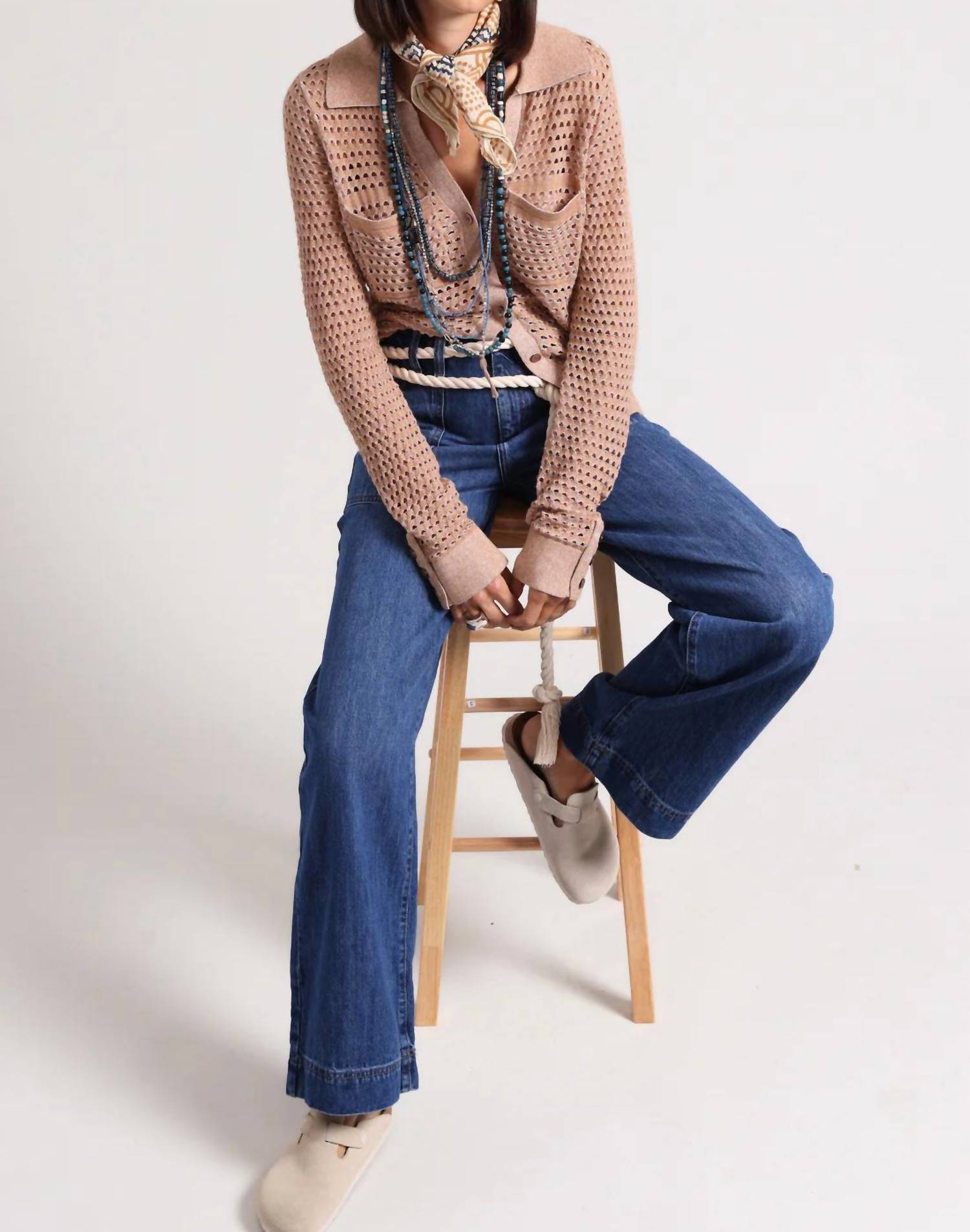 Minnie Rose - Cotton Cashmere Plaited Mesh Button Down Shirt - brown - button - down - shirts - clothing