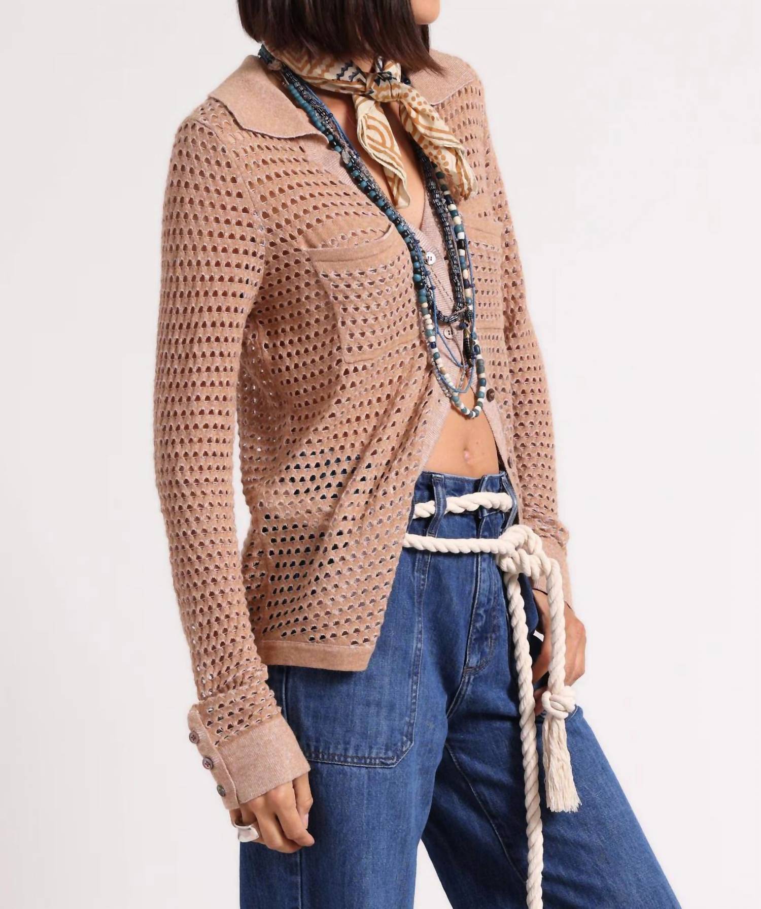 Minnie Rose - Cotton Cashmere Plaited Mesh Button Down Shirt - brown - button - down - shirts - clothing