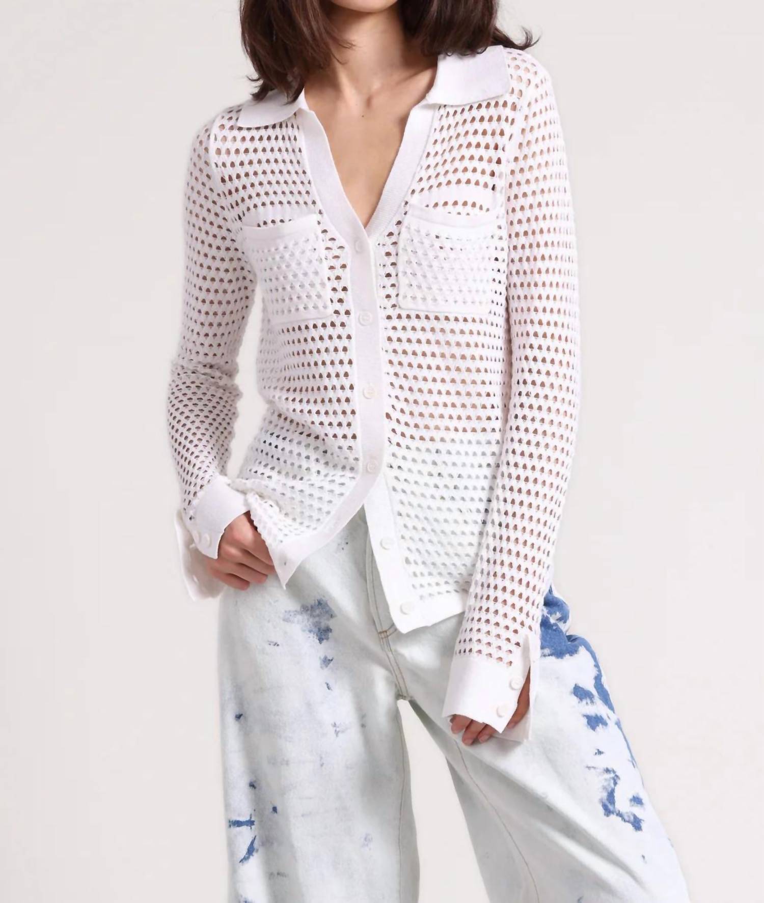 Minnie Rose - Cotton Cashmere Plaited Mesh Button Down Shirt - button - down - shirts - clothing - cotton - blend